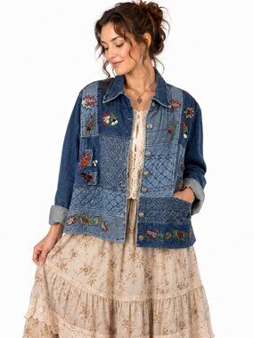 Keren Hart Denim Jacket Womens L Patchwork Embroidered Boho Cottagecore Artwear